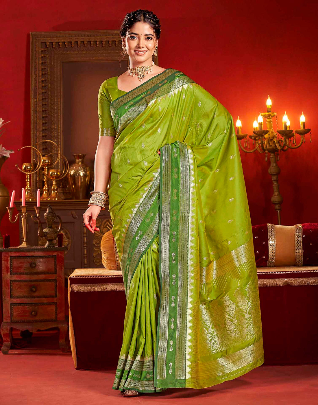 Parrot Green Silk Woven Banarasi Saree