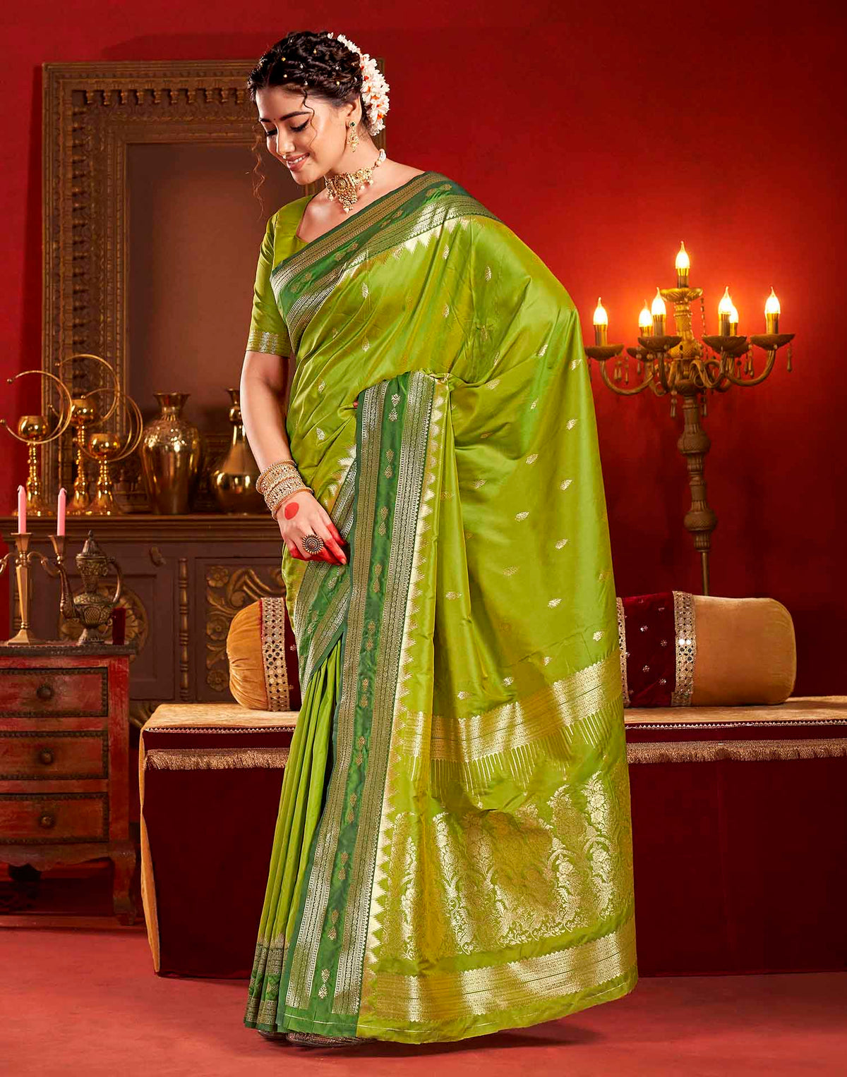 Parrot Green Silk Woven Banarasi Saree