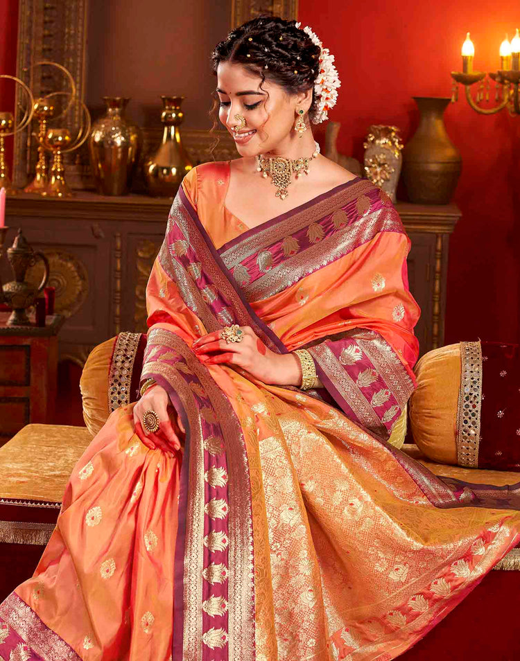 Peach Orange Silk Woven Banarasi Saree