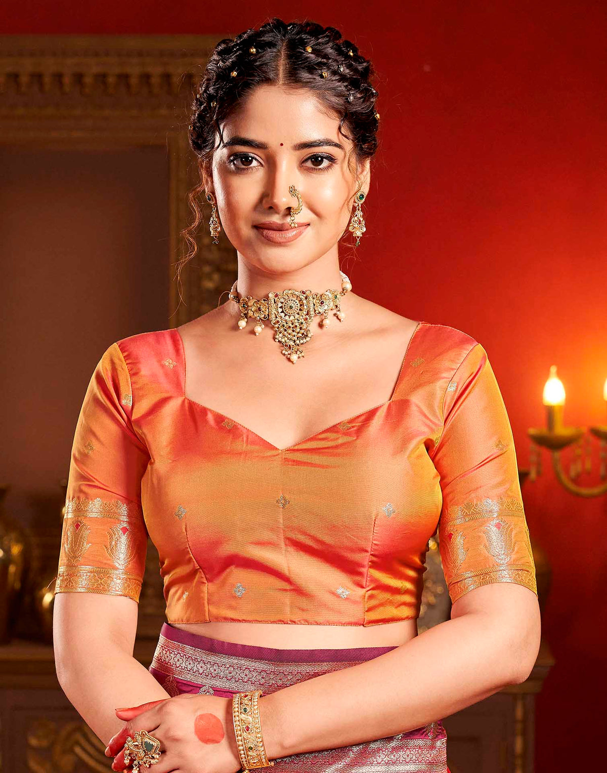 Peach Orange Silk Woven Banarasi Saree