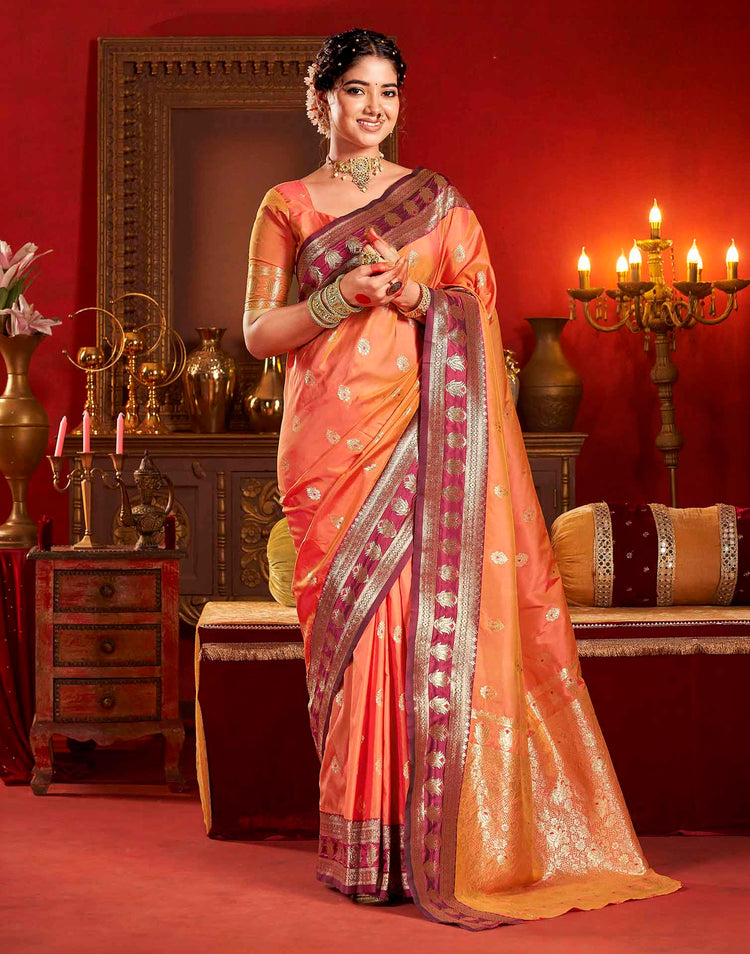 Peach Orange Silk Woven Banarasi Saree