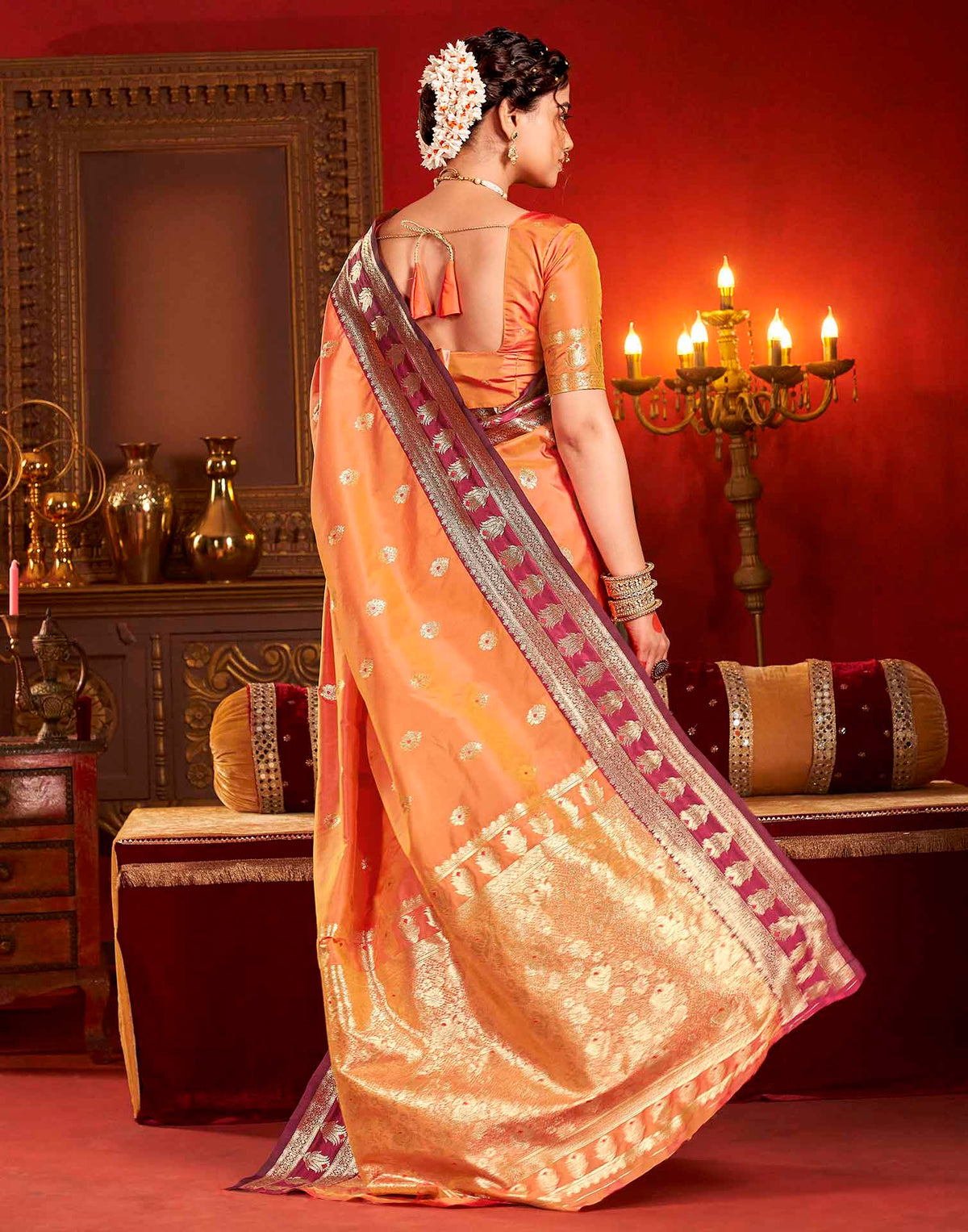 Peach Orange Silk Woven Banarasi Saree