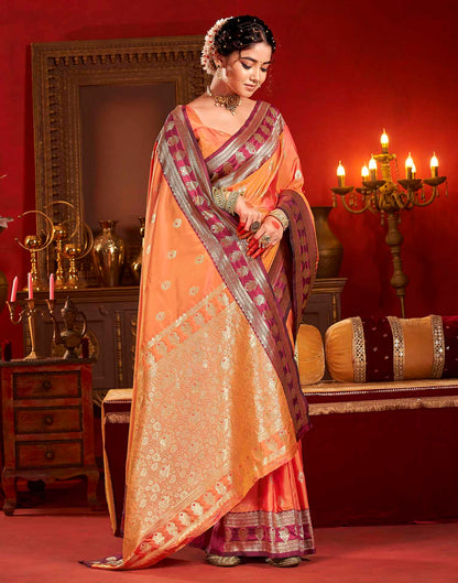 Peach Orange Silk Woven Banarasi Saree