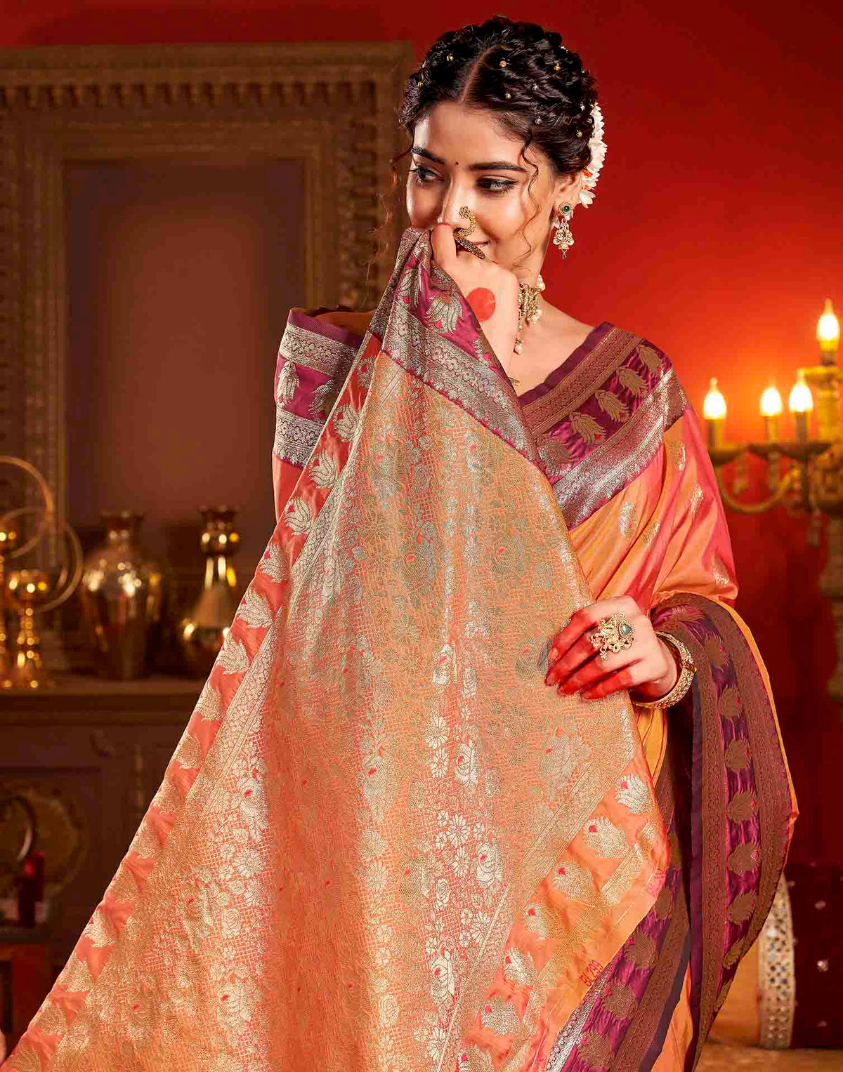 Peach Orange Silk Woven Banarasi Saree