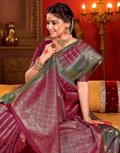 Wine Silk Woven Banarasi Saree