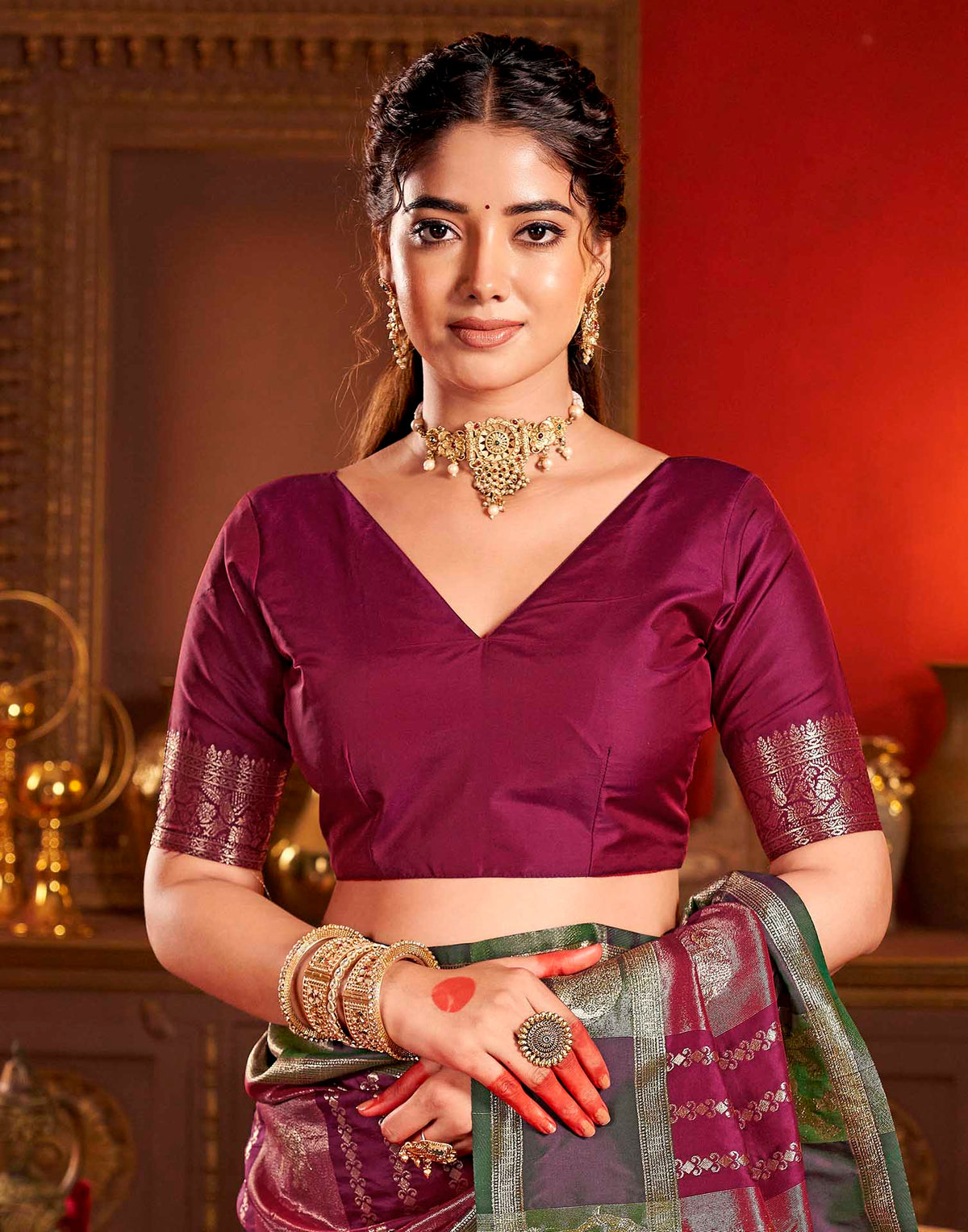 Wine Silk Woven Banarasi Saree