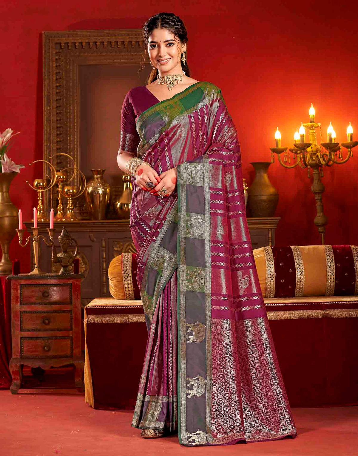 Wine Silk Woven Banarasi Saree