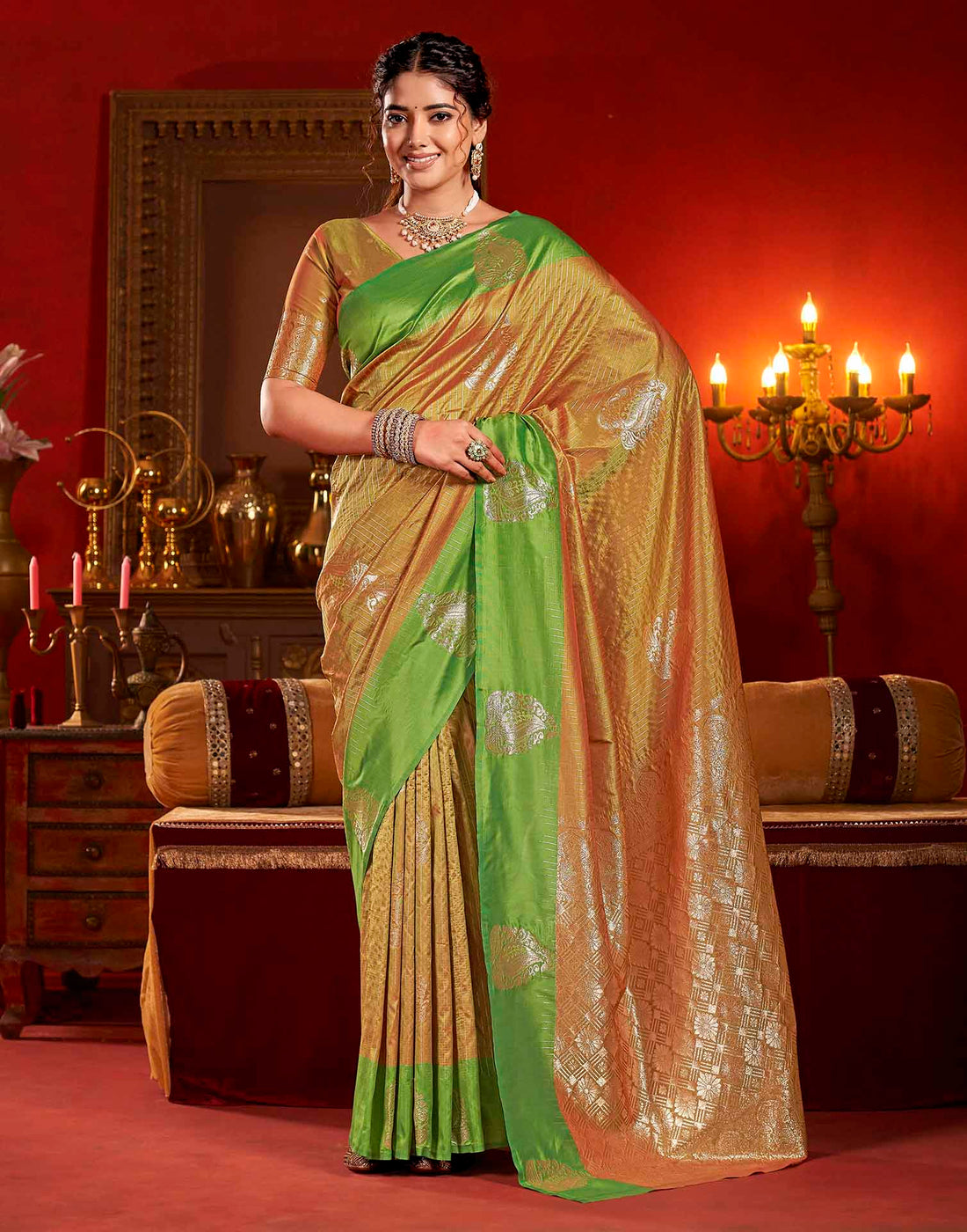 Mustard Golden Yellow Silk Woven Zari Stripe Saree