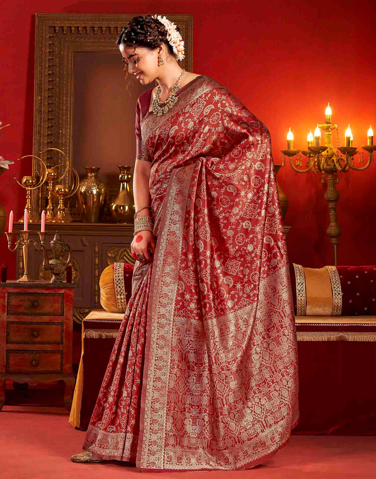 Deep Red Silk Woven Banarasi Saree