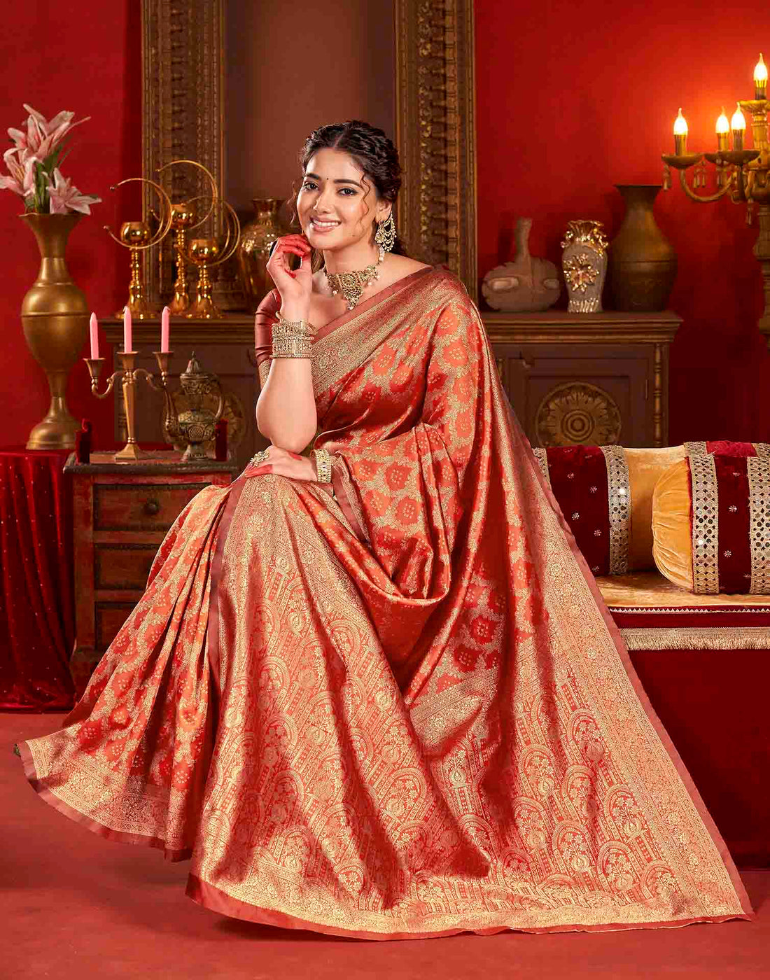 Bright Red Silk Woven Banarasi Saree