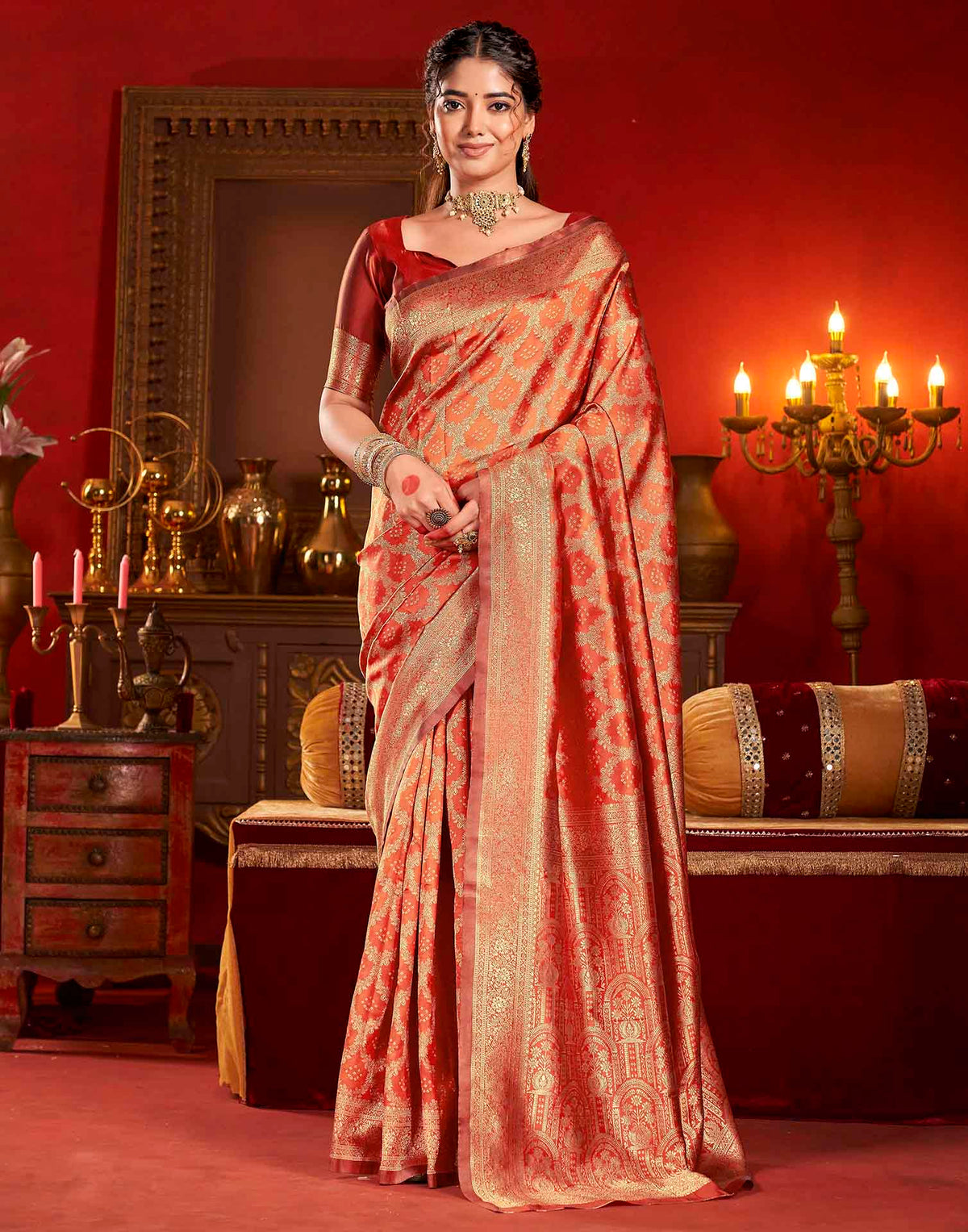 Bright Red Silk Woven Banarasi Saree