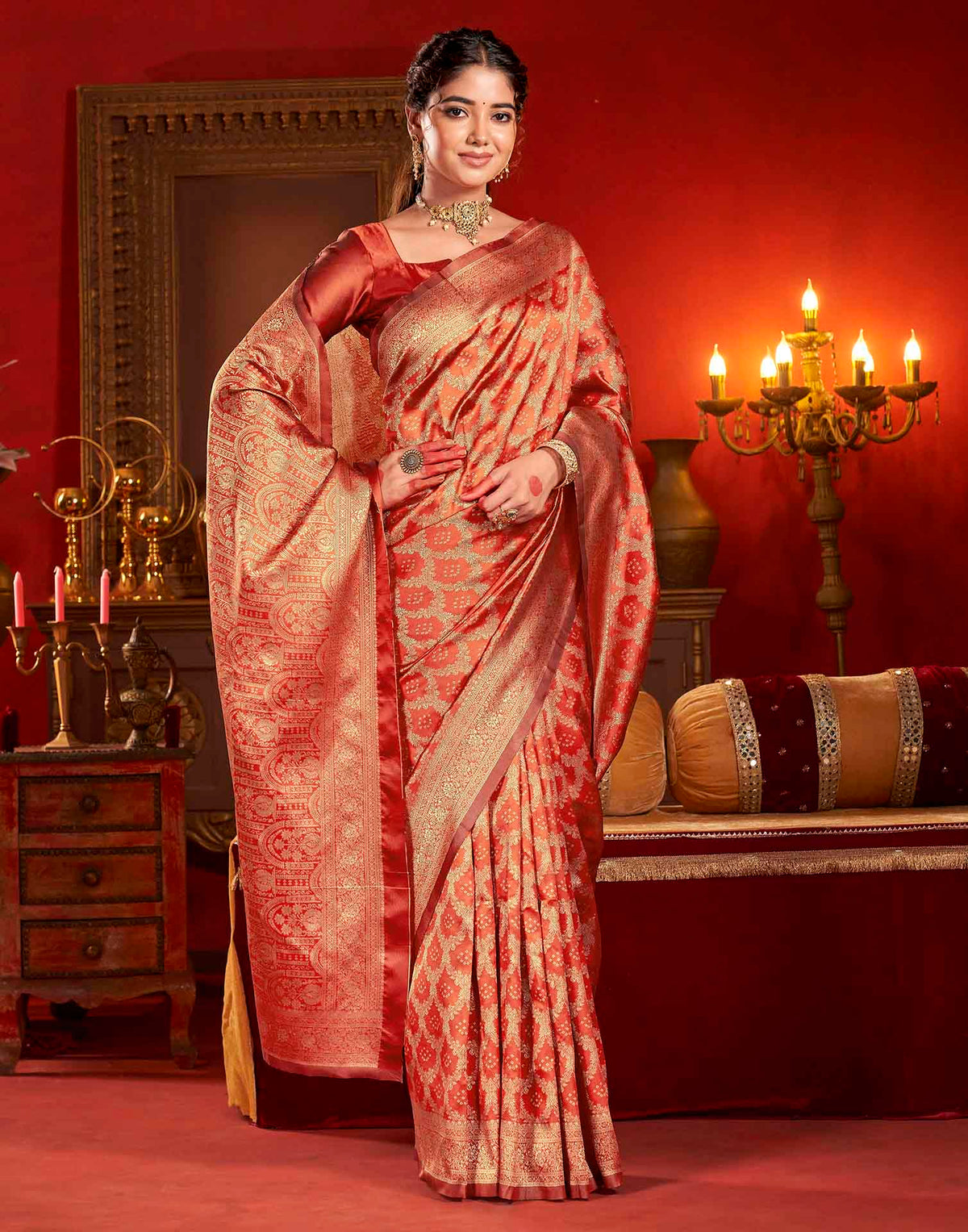 Bright Red Silk Woven Banarasi Saree