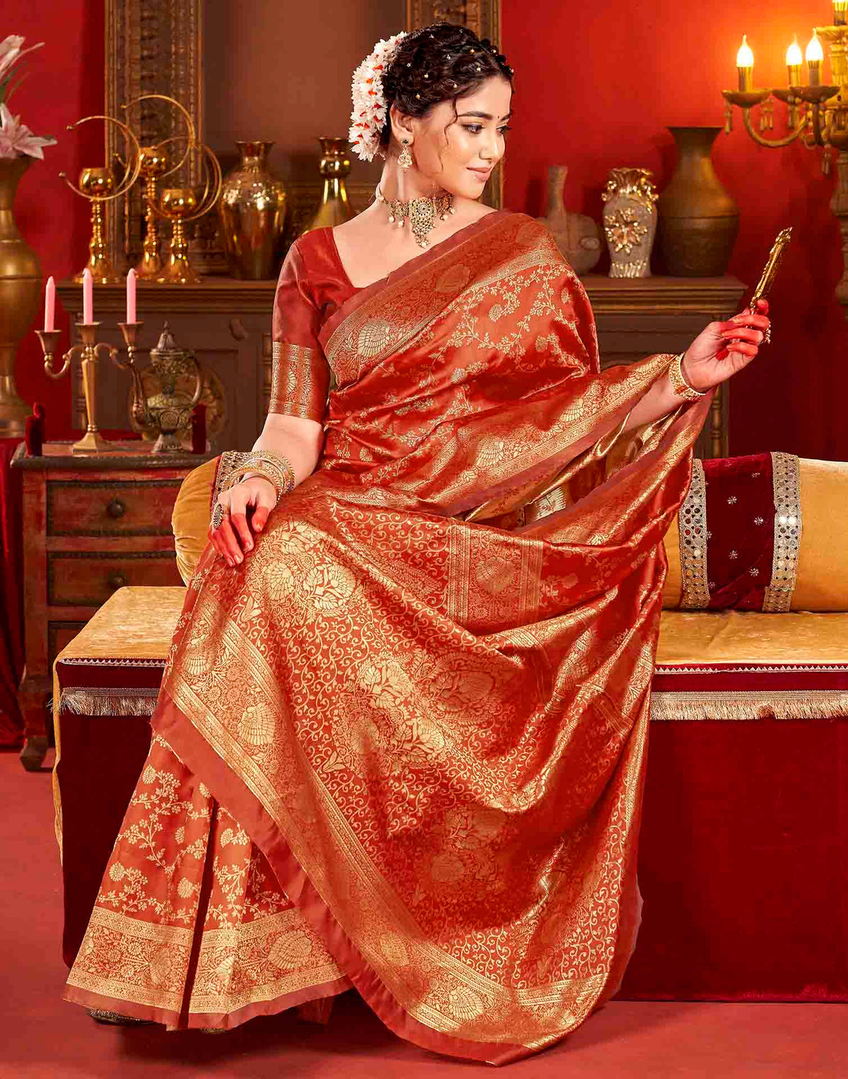 Vermilion Red Silk Woven Banarasi Saree