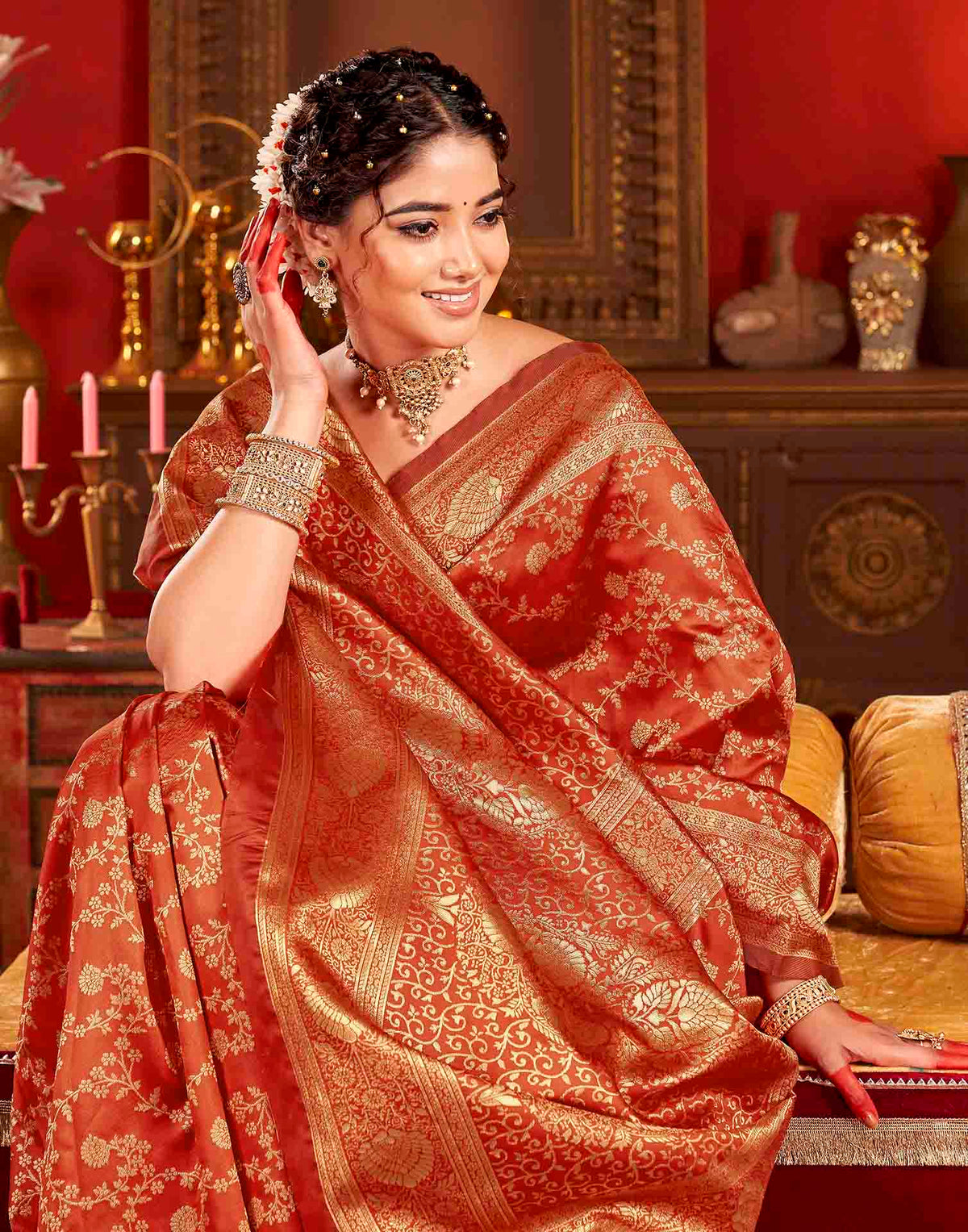 Vermilion Red Silk Woven Banarasi Saree