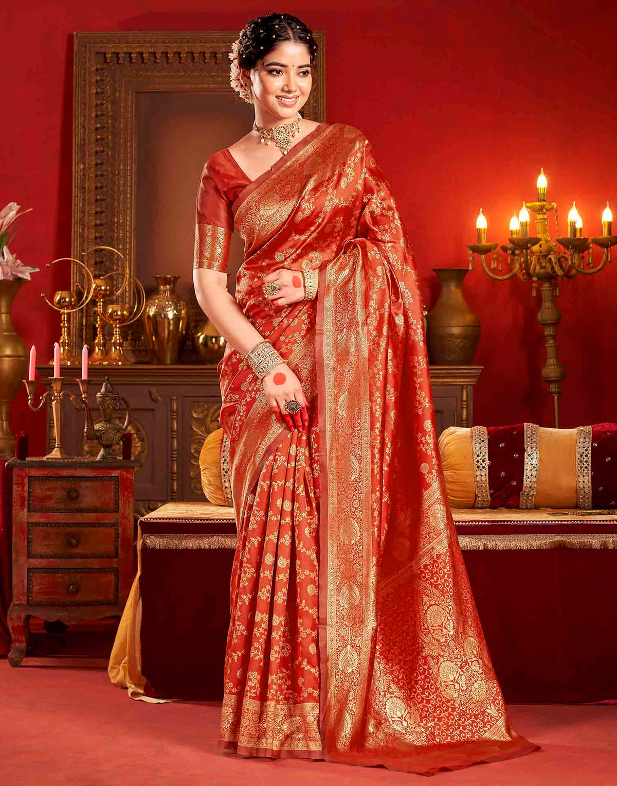 Vermilion Red Silk Woven Banarasi Saree