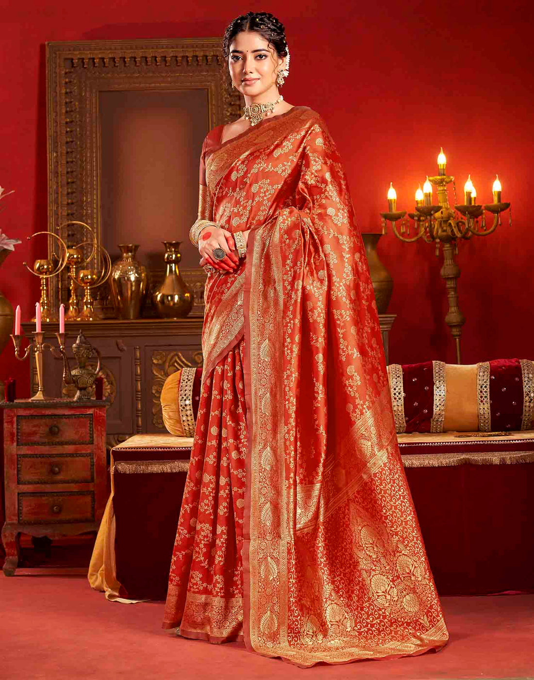 Vermilion Red Silk Woven Banarasi Saree