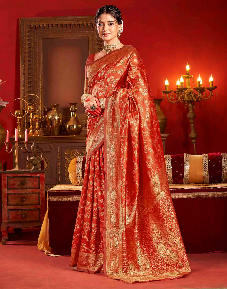 Vermilion Red Silk Woven Banarasi Saree
