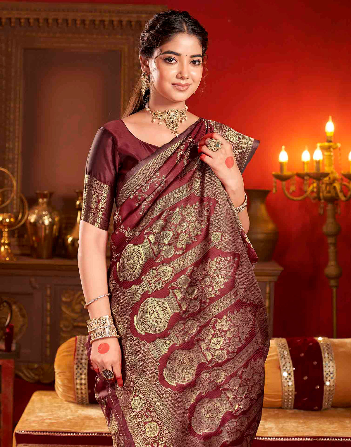 Maroon Silk Woven Banarasi Saree
