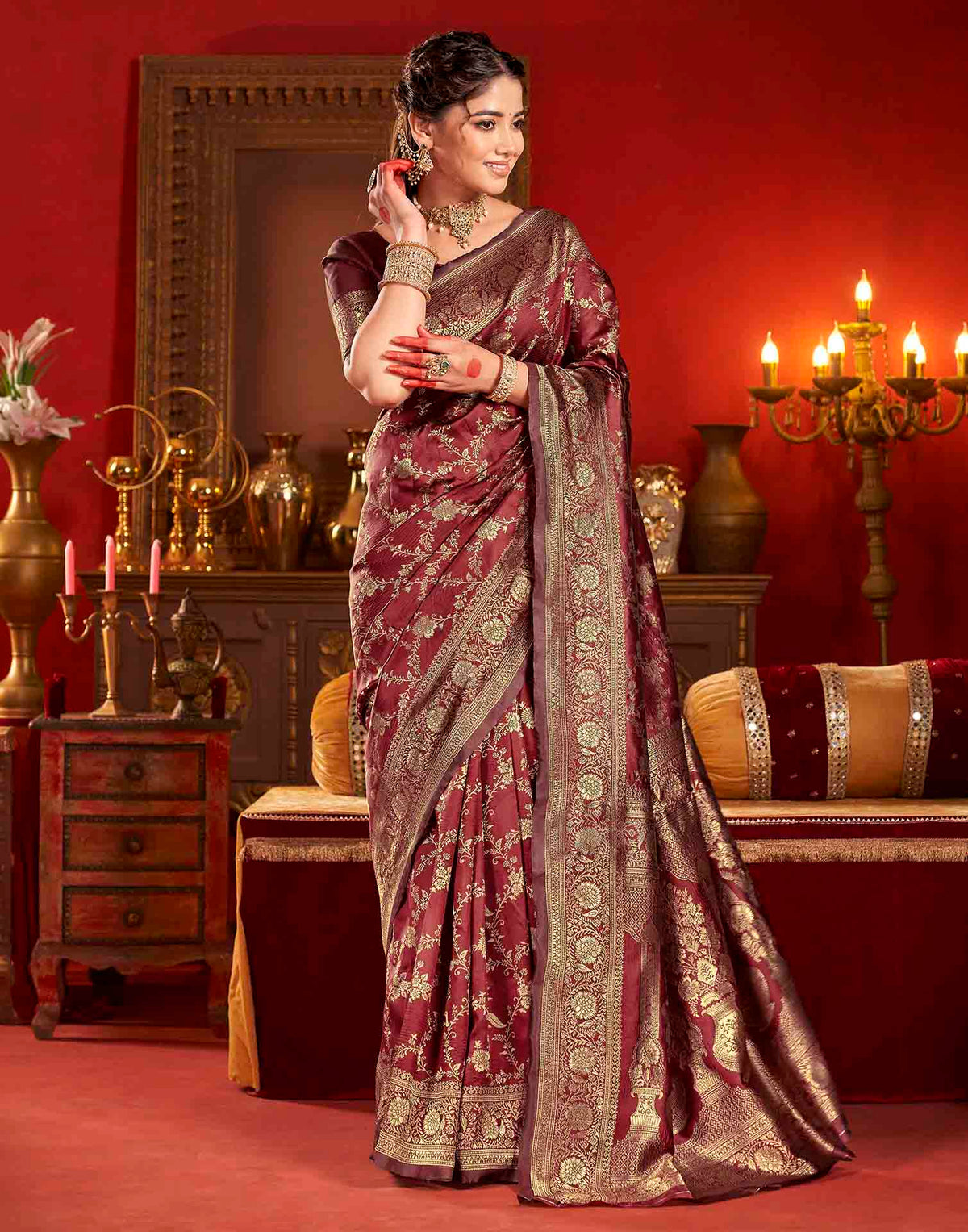 Maroon Silk Woven Banarasi Saree