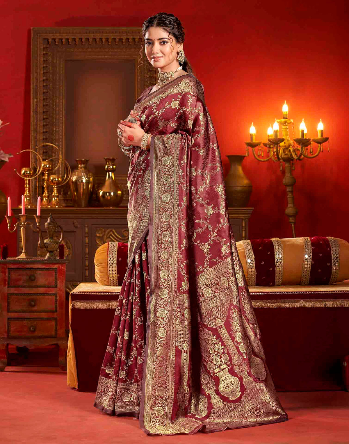 Maroon Silk Woven Banarasi Saree
