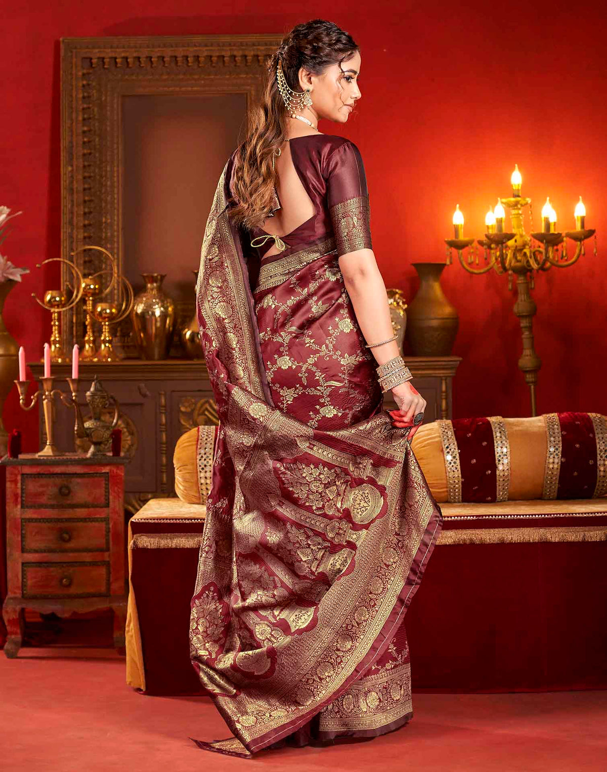 Maroon Silk Woven Banarasi Saree