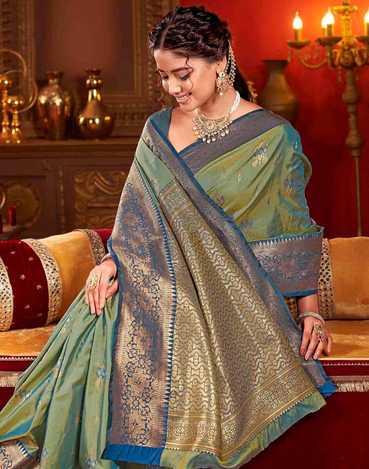 Moss Green Silk Woven Banarasi Saree