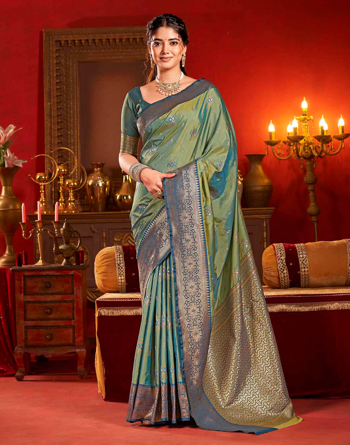 Moss Green Silk Woven Banarasi Saree