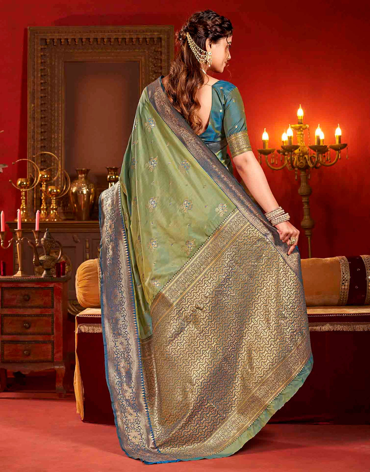 Moss Green Silk Woven Banarasi Saree