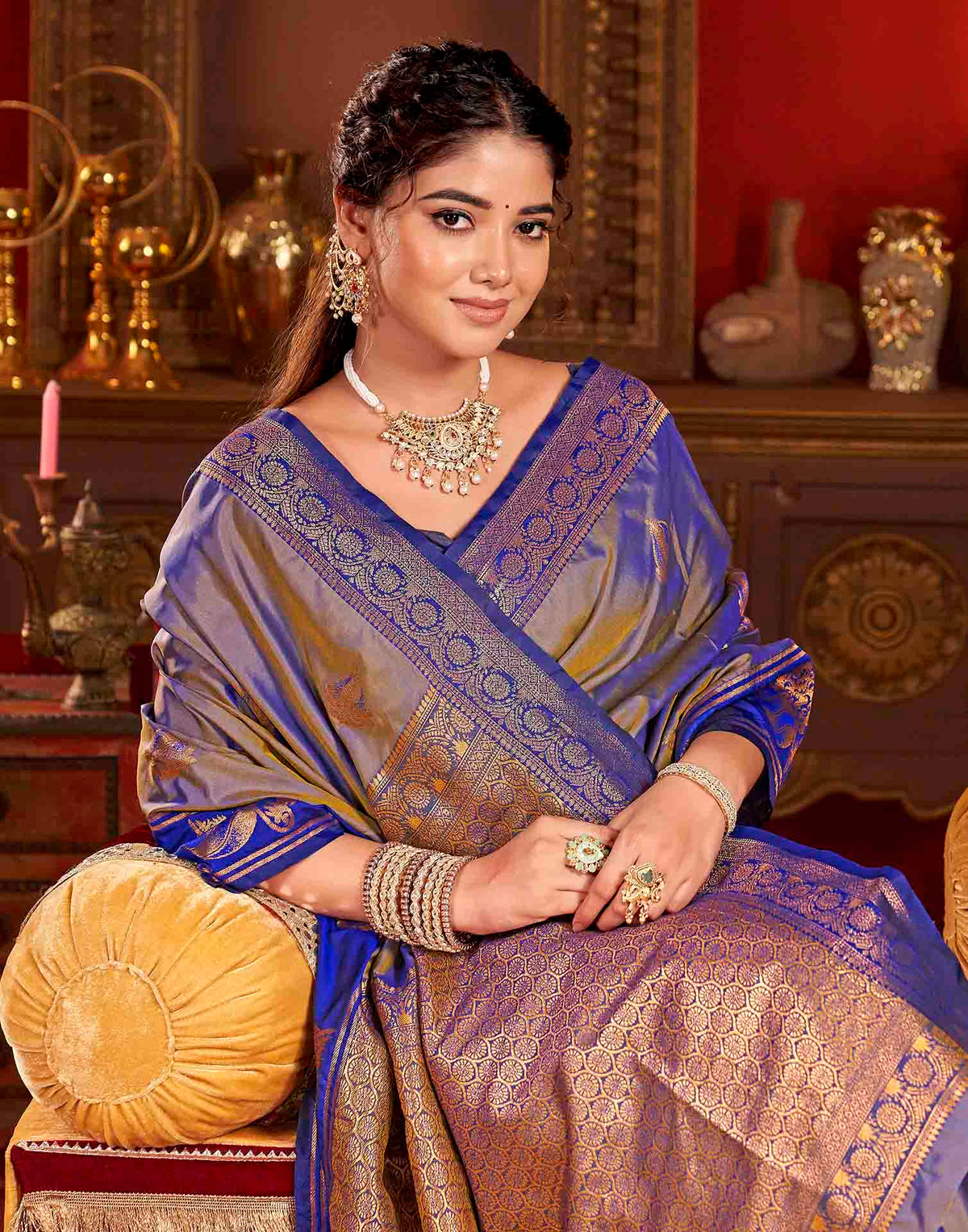 Greyish Blue Silk Woven Banarasi Saree