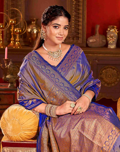 Greyish Blue Silk Woven Banarasi Saree