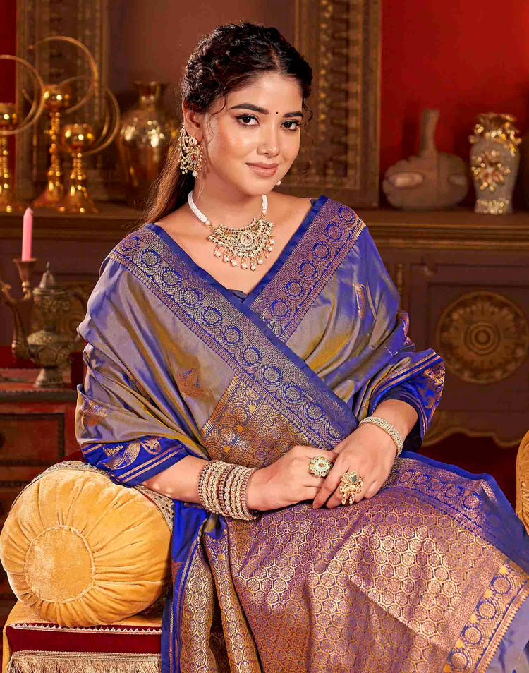 Greyish Blue Silk Woven Banarasi Saree