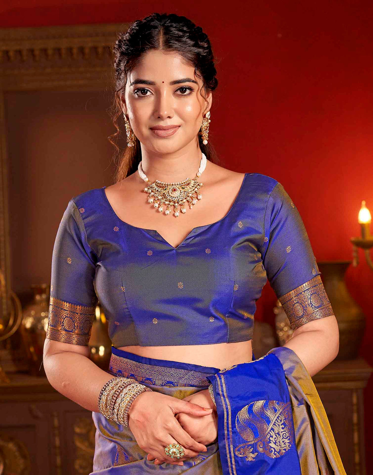 Greyish Blue Silk Woven Banarasi Saree