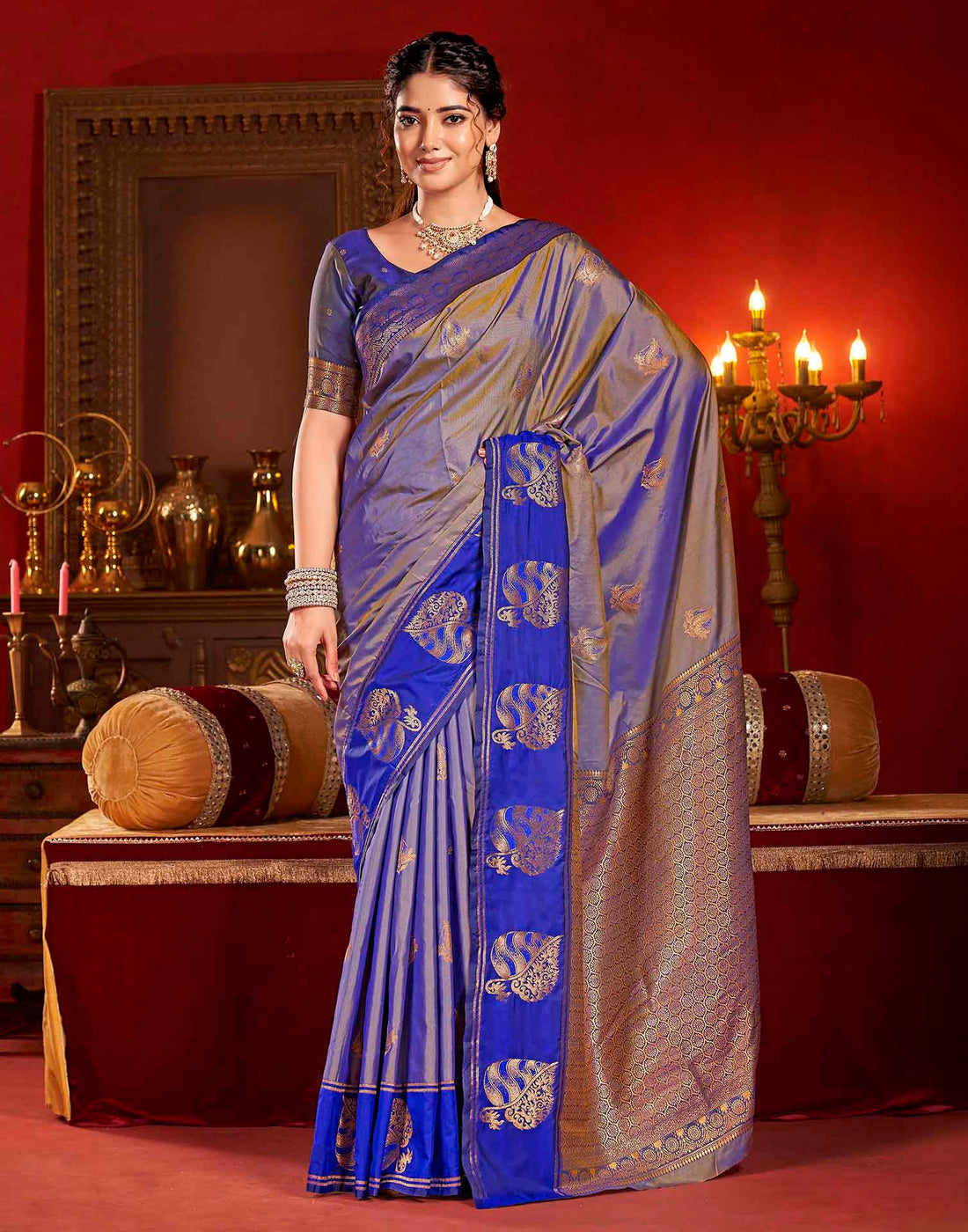 Greyish Blue Silk Woven Banarasi Saree