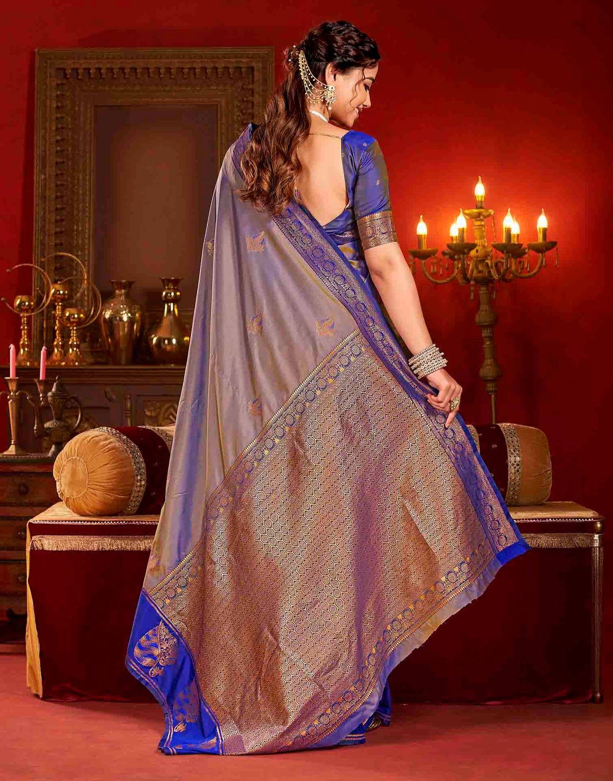 Greyish Blue Silk Woven Banarasi Saree
