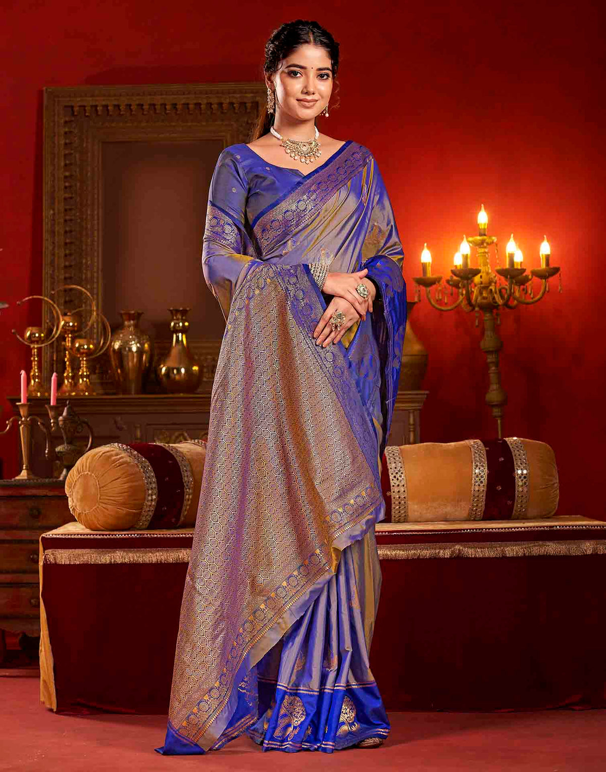 Greyish Blue Silk Woven Banarasi Saree