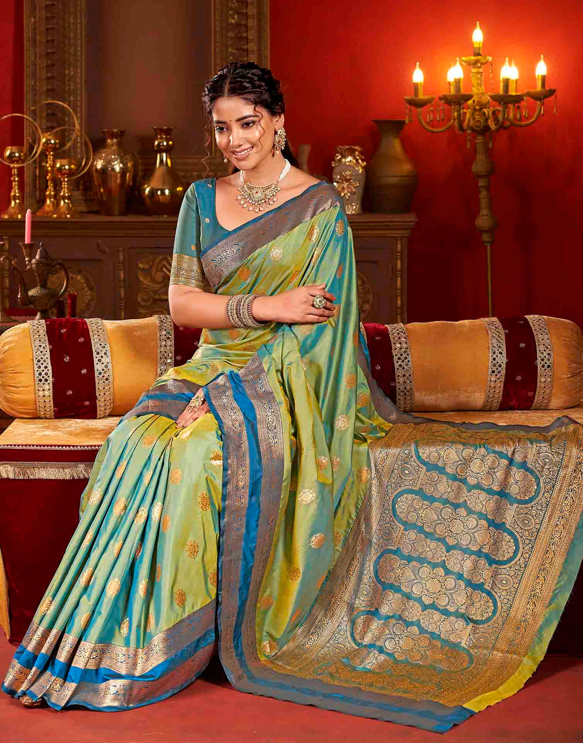 Moss Green Silk Woven Banarasi Saree
