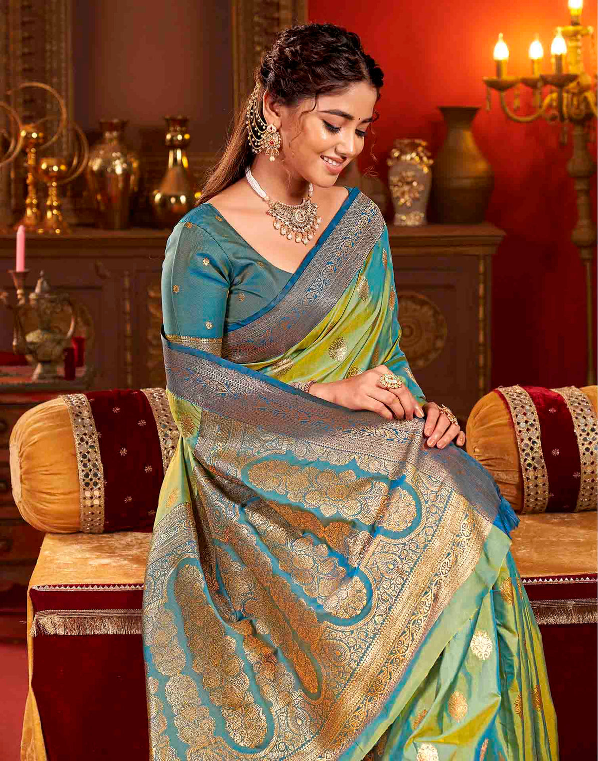 Moss Green Silk Woven Banarasi Saree