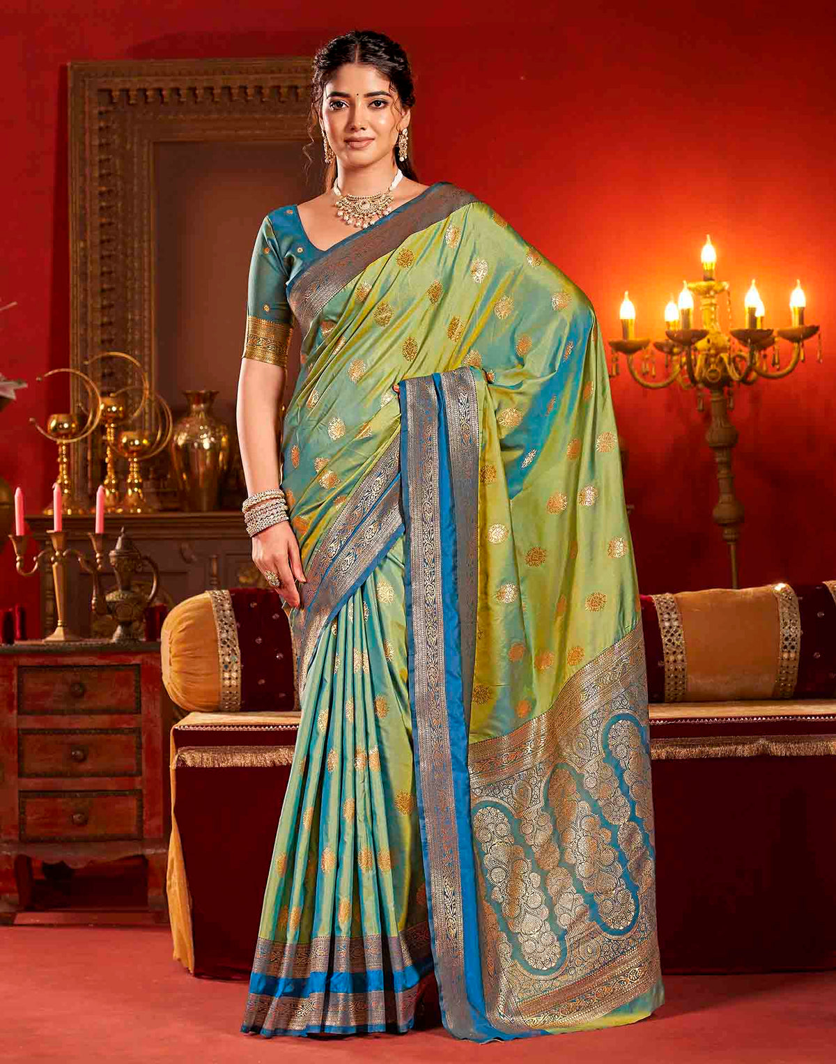 Moss Green Silk Woven Banarasi Saree
