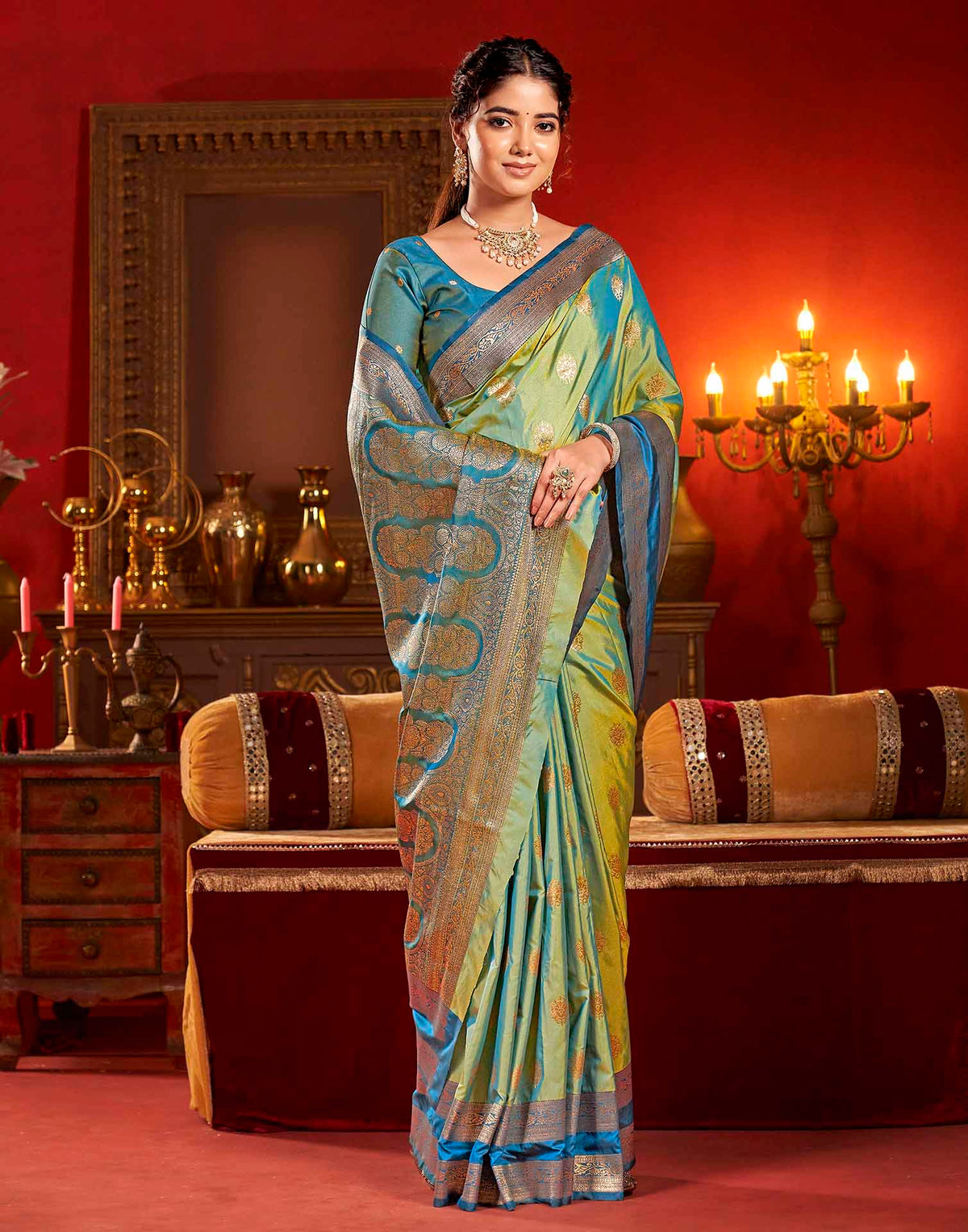 Moss Green Silk Woven Banarasi Saree