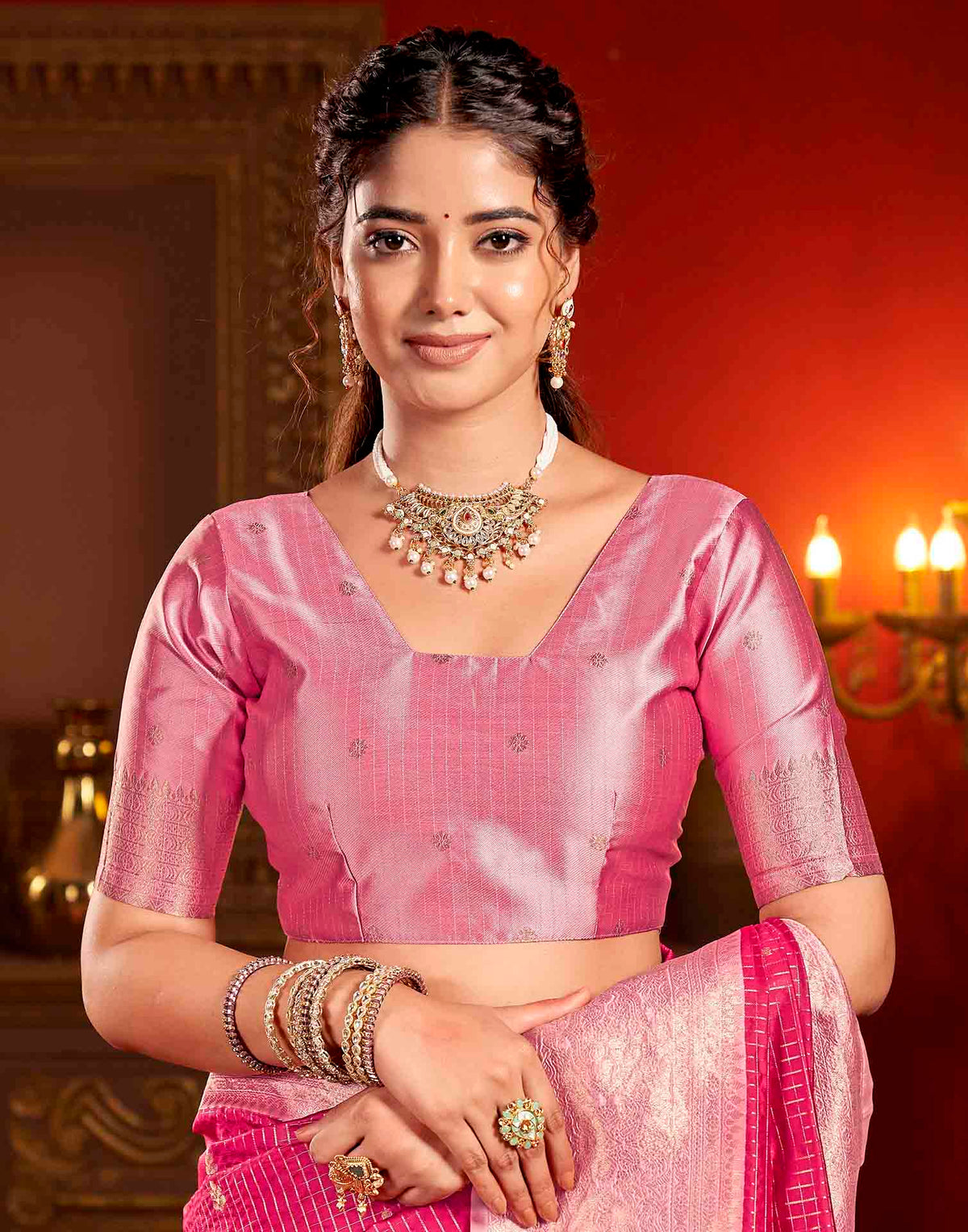 Magenta Silk Woven Zari Stripe Saree
