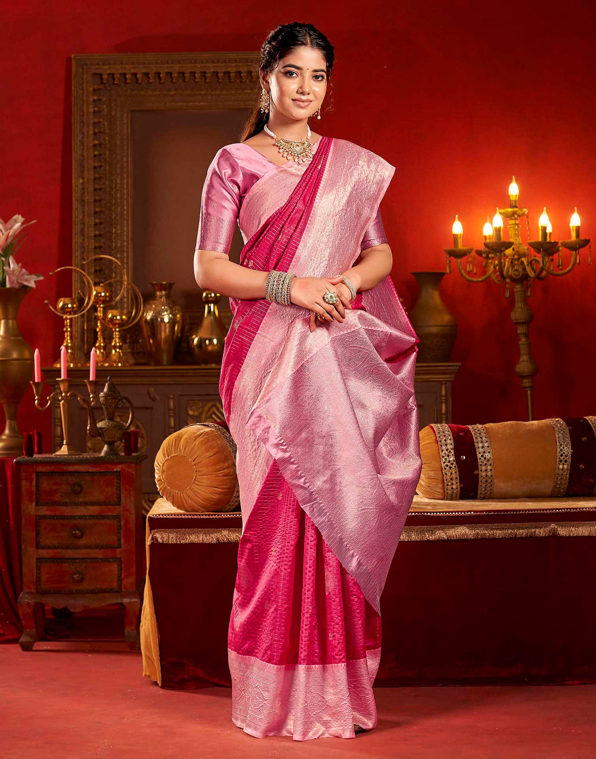 Magenta Silk Woven Zari Stripe Saree