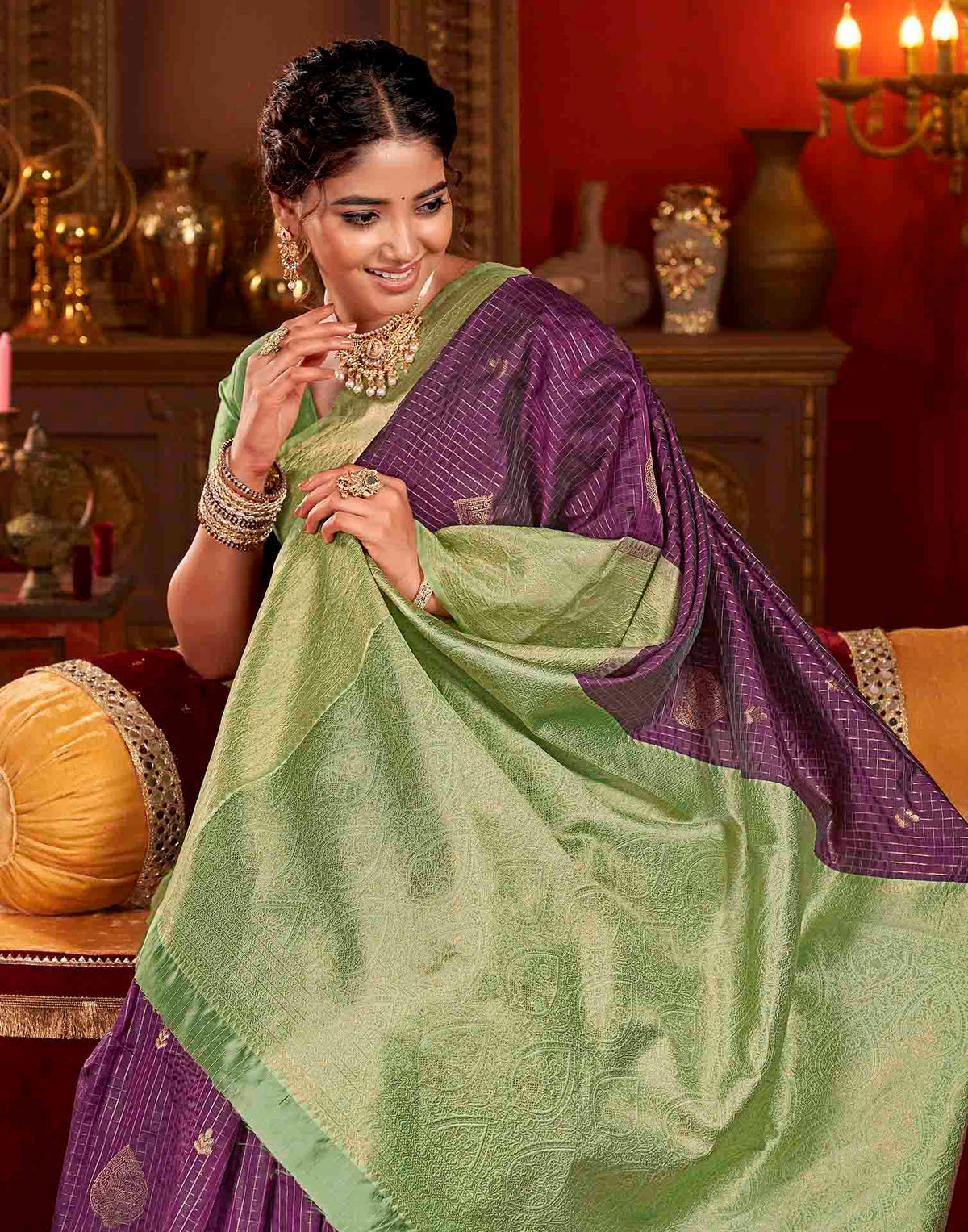 Purple Silk Woven Zari Stripe Saree