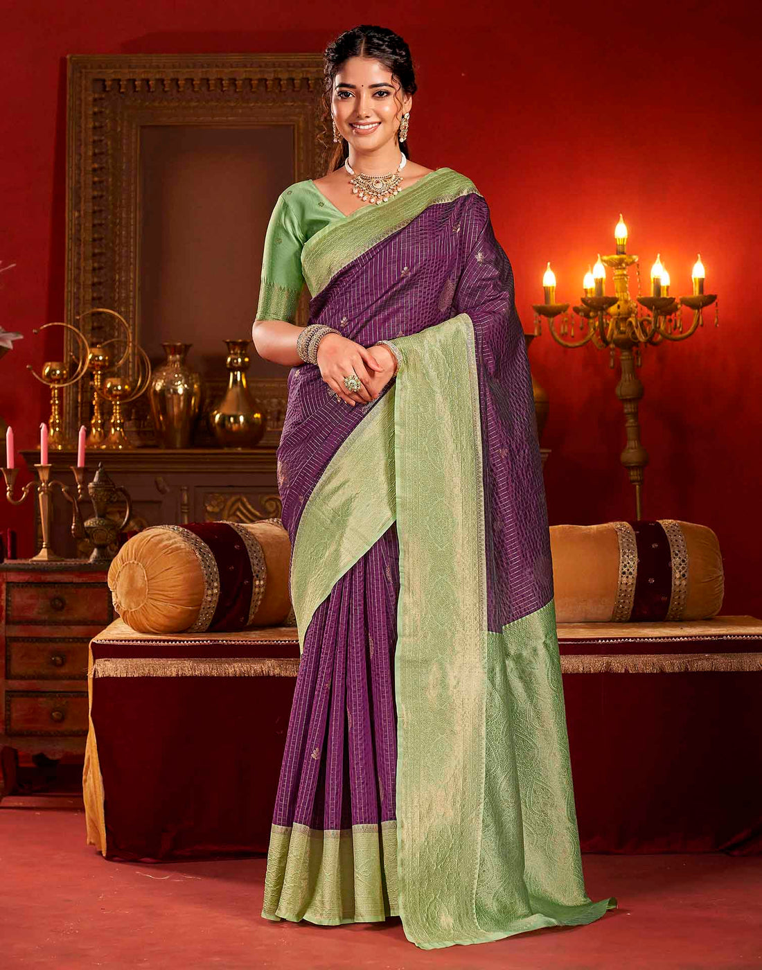 Purple Silk Woven Zari Stripe Saree