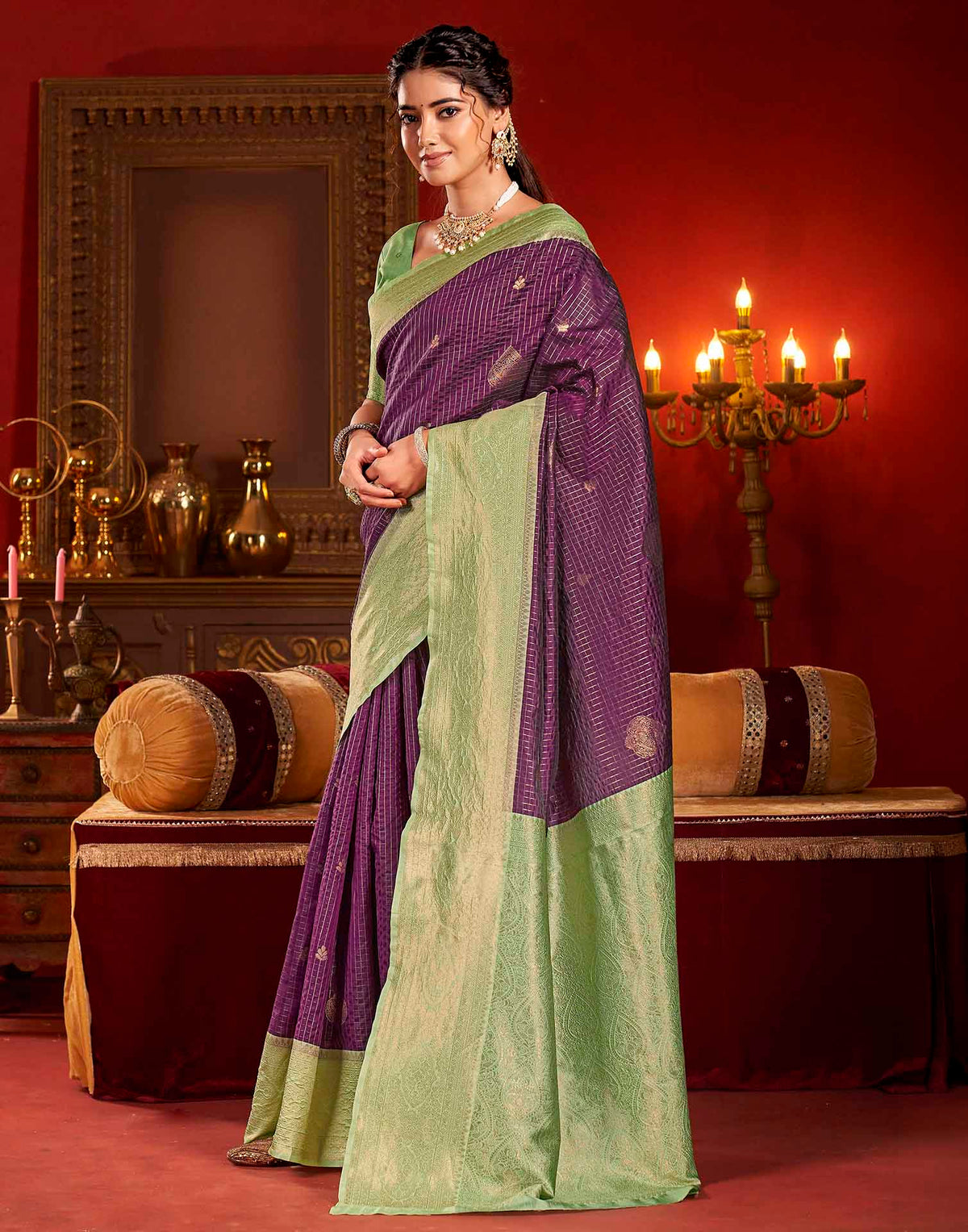 Purple Silk Woven Zari Stripe Saree