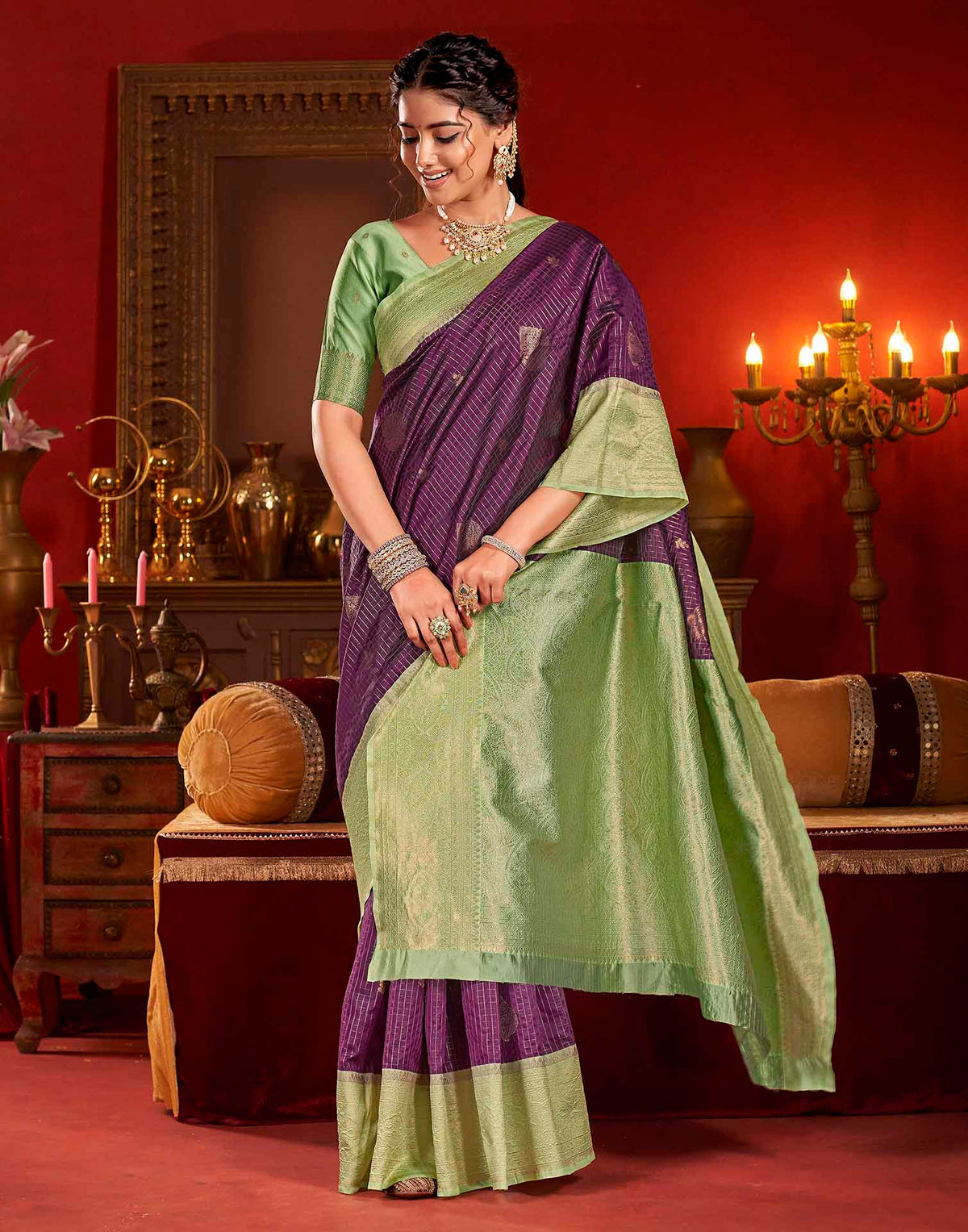 Purple Silk Woven Zari Stripe Saree