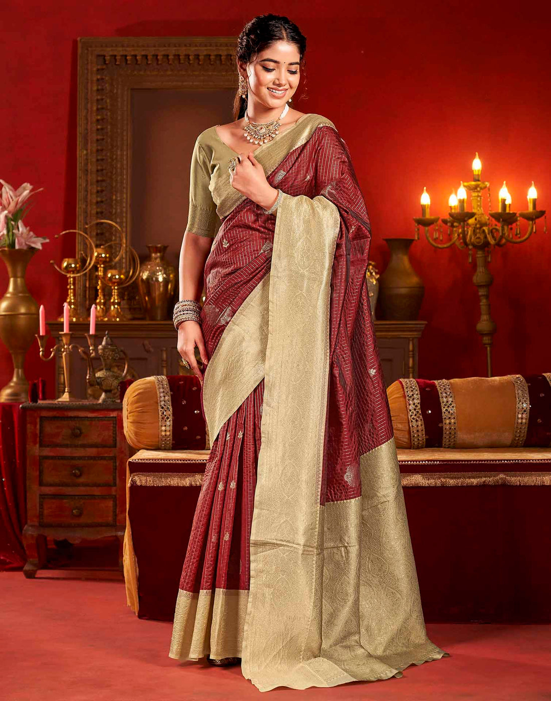 Maroon Silk Woven Zari Stripe Saree