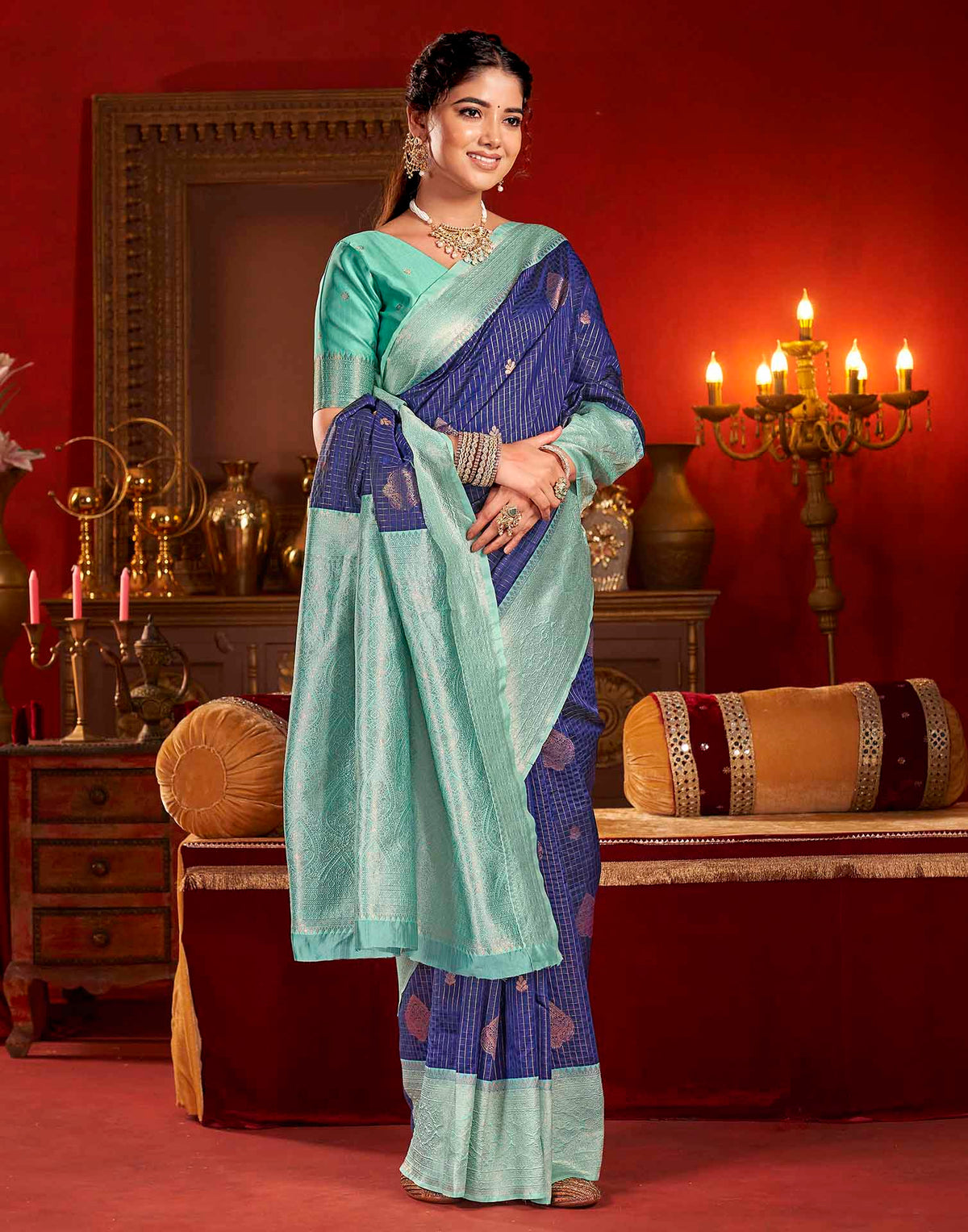 Blue Silk Woven Zari Stripe Saree