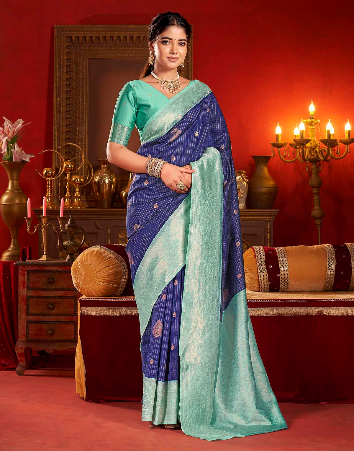 Blue Silk Woven Zari Stripe Saree