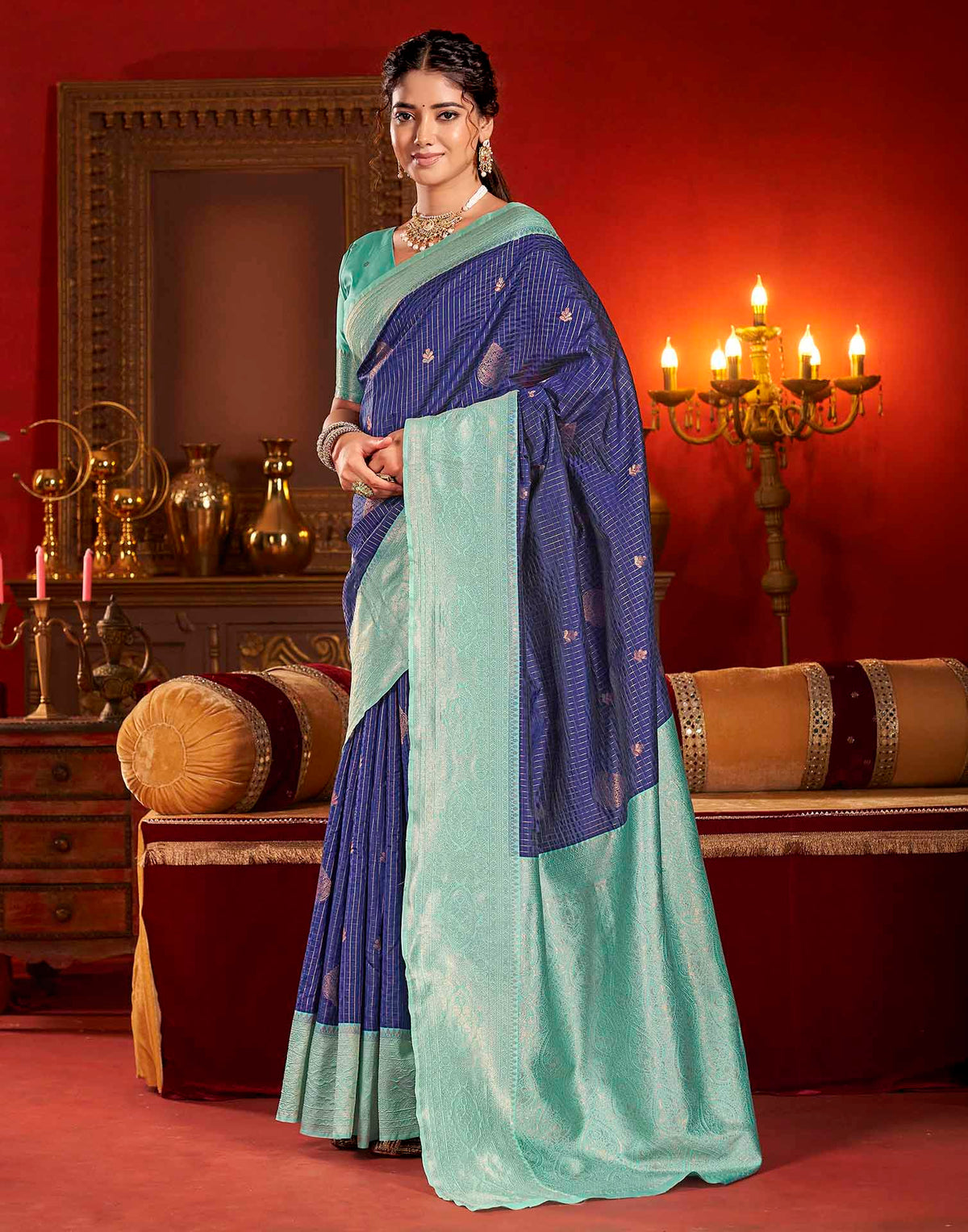 Blue Silk Woven Zari Stripe Saree