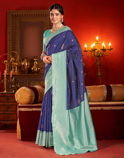 Blue Silk Woven Zari Stripe Saree